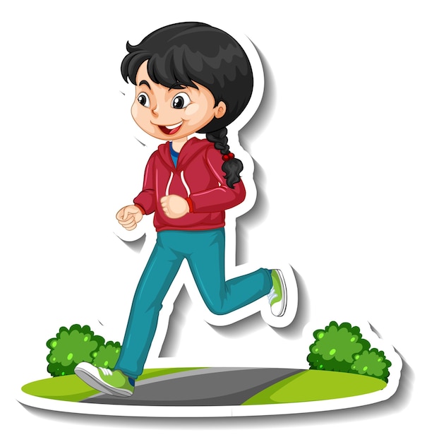 Cartoon character sticker with a girl jogging on white background