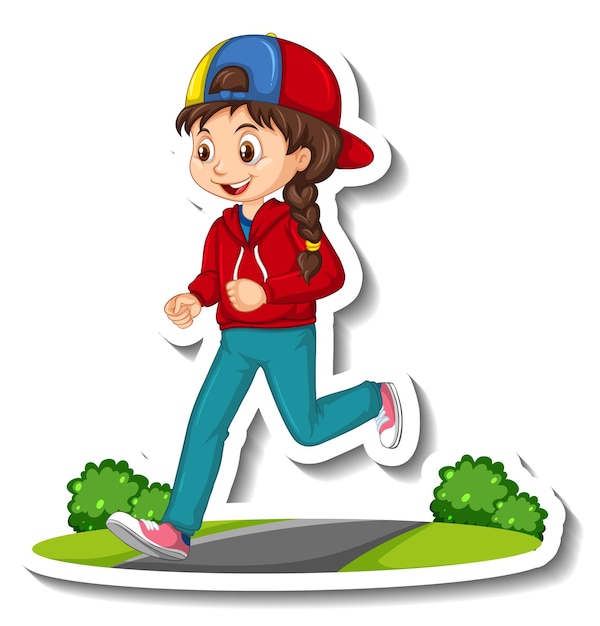 Cartoon character sticker with a girl jogging on white background