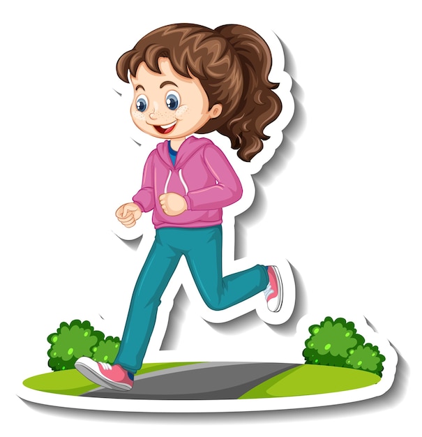 Free Vector cartoon character sticker with a girl jogging on white background