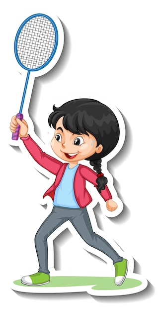 Cartoon character sticker with a girl playing badminton