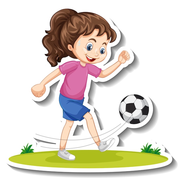 Free Vector cartoon character sticker with a girl playing football