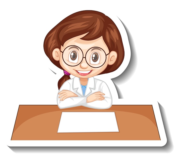 Cartoon character sticker with a girl in science gown