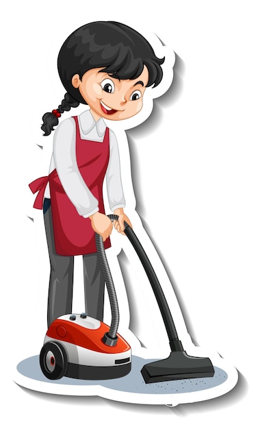 Cartoon character sticker with a house maid using vacuum cleaner