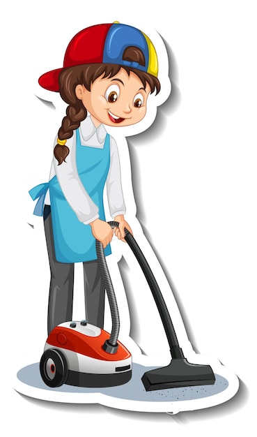 Free Vector cartoon character sticker with a house maid using vacuum cleaner