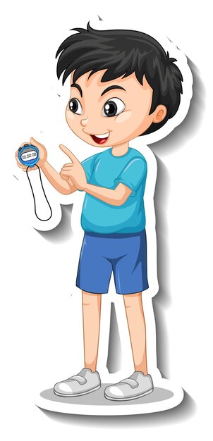 Cartoon character sticker with sport coach boy holding a timer