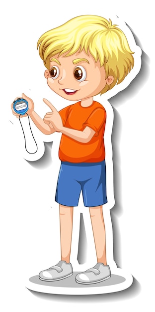 Free Vector cartoon character sticker with sport coach boy holding a timer