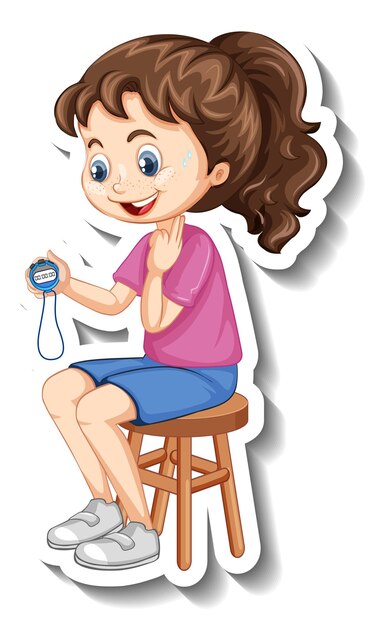 Cartoon character sticker with sport coach girl holding a timer