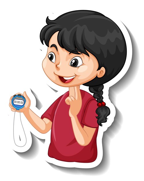 Cartoon character sticker with sport coach girl holding a timer