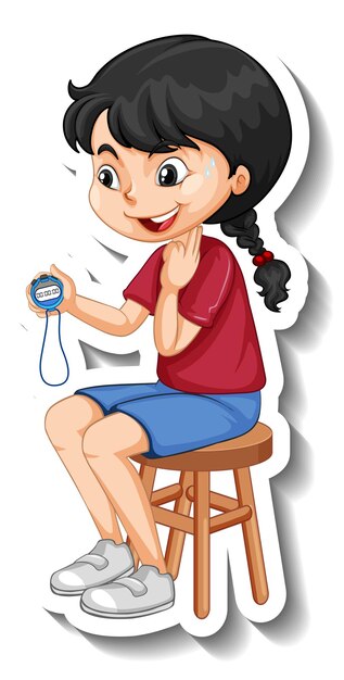 Cartoon character sticker with sport coach girl holding a timer