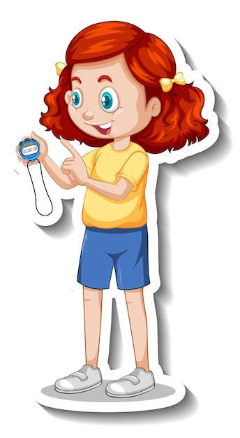 Free vector cartoon character sticker with sport coach girl holding a timer