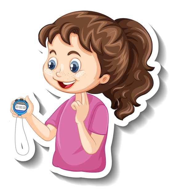 Cartoon character sticker with sport coach girl holding a timer