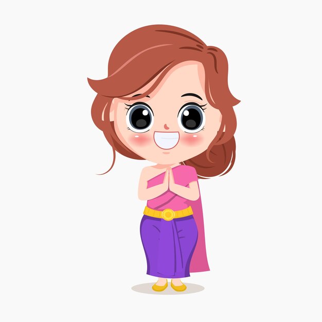 Cartoon character of traditional Thai girl in namaste poses. Cartoon vector illustration drawing.