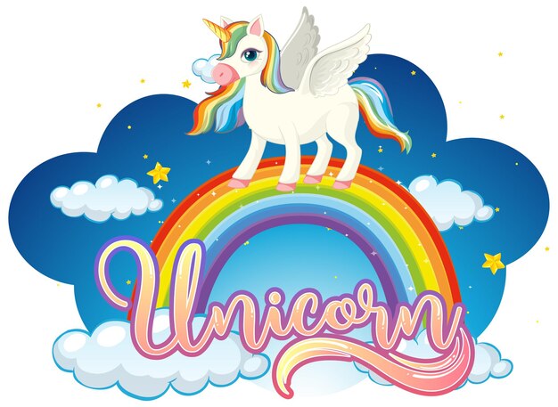 Cartoon character of unicorn standing on rainbow with unicorn font