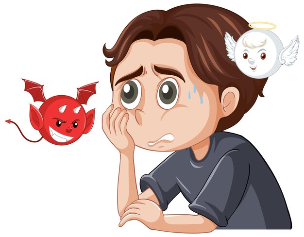 Cartoon character with devil and angel fighting in thought