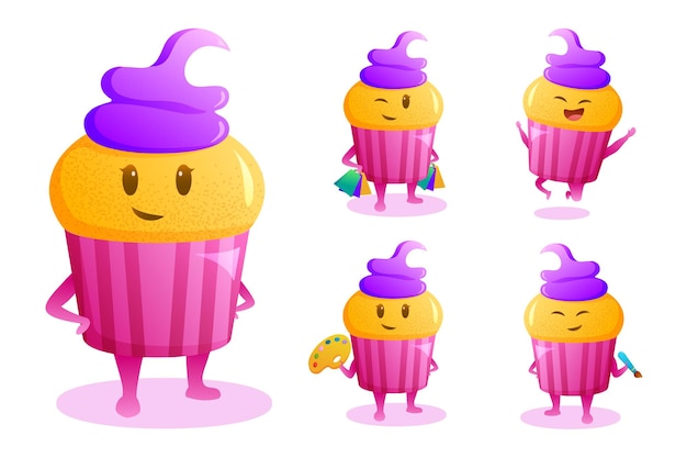 Free Vector cartoon characters of cup cake with poses emotional and tools