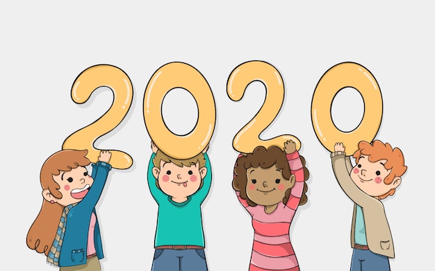 Cartoon characters holding new year 2020