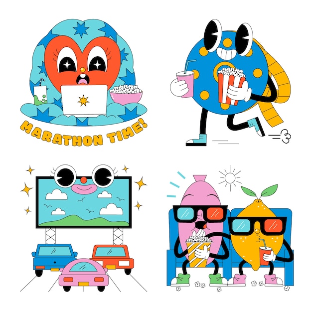 Free Vector cartoon cinema stickers collection