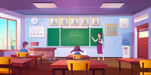 Free Vector cartoon classroom for math learning with pupils teacher at the blackboard