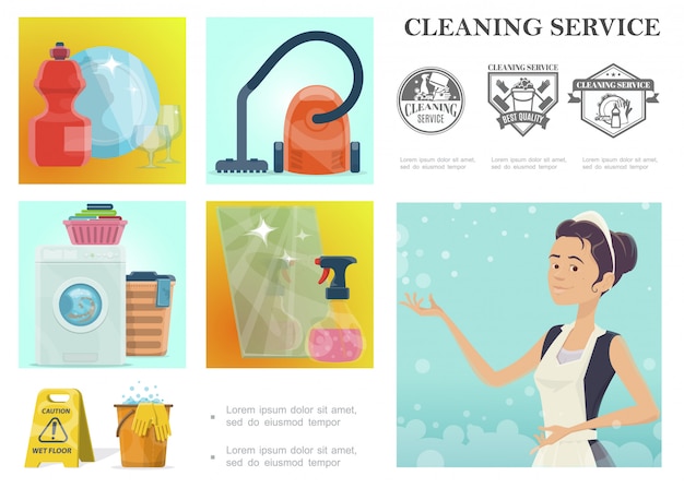 Free Vector cartoon cleaning service composition with maid and different household tools and items 