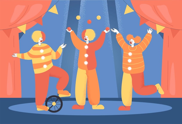 Free vector cartoon clowns or jugglers performing at circus show. circus poster or wallpaper, with comedian or joker characters on arena flat vector illustration. comedy, circus, entertainment concept for banner