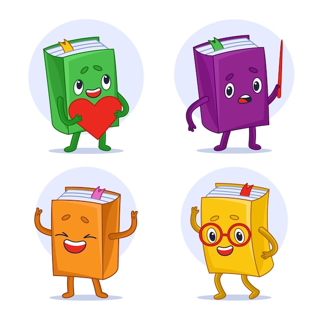 Free vector cartoon colorful book characters in different actions set