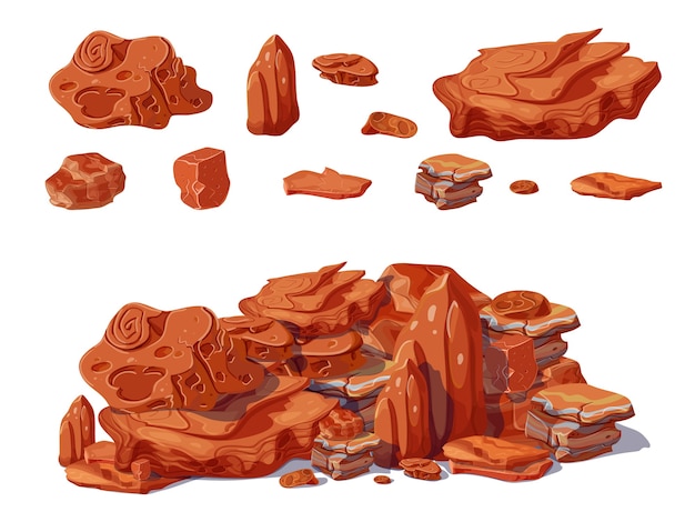 Cartoon colorful stones concept with rocks and boulders of different shapes which pile creates isolated