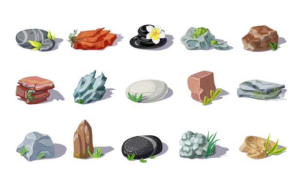 Free Vector cartoon colorful stones set of different shapes and materials with plants and leaves isolated