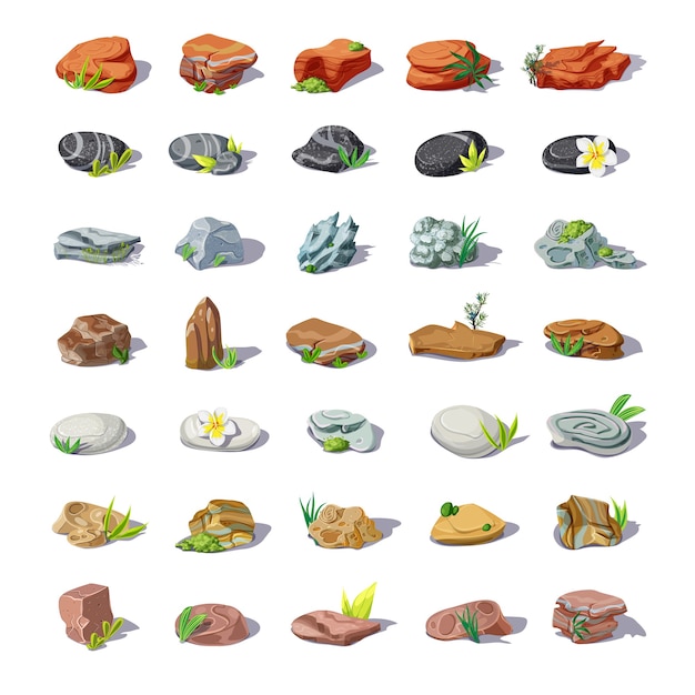 Free Vector cartoon colorful stones set with boulders pebbles sandstones rubbles cobblestones rocks of different shapes isolated