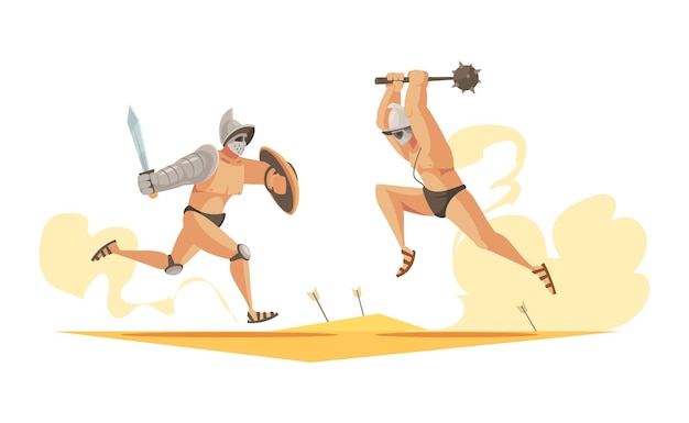 Free Vector cartoon composition with fight of two roman gladiators on arena vector illustration