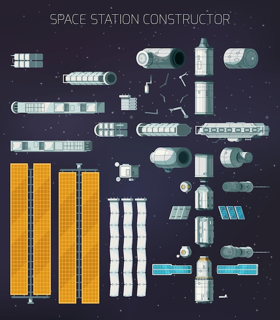 Cartoon constructor of orbital space station isolated on dark background with stars vector illustration