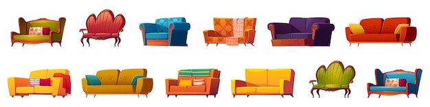 Cartoon couches and sofas furniture isolated set