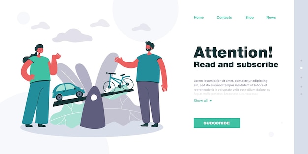 Free Vector cartoon couple comparing car to bicycle on seesaw. choosing between eco transport and automobile flat vector illustration. ecology, transportation concept for banner, website design or landing page