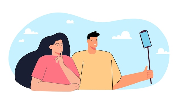 Cartoon couple taking photo together using selfie stick. Man and woman taking selfie flat vector illustration. Technology, communication, photography, traveling concept for banner or landing web page