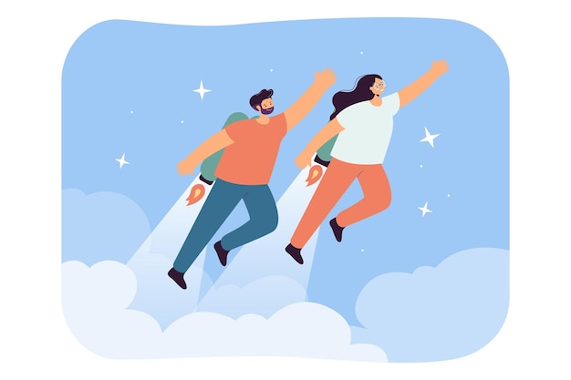 Free Vector cartoon couple with jet packs or boosters up in sky. man and woman flying fast with rockets, power or energy metaphor flat vector illustration. business growth, career boost concept for banner