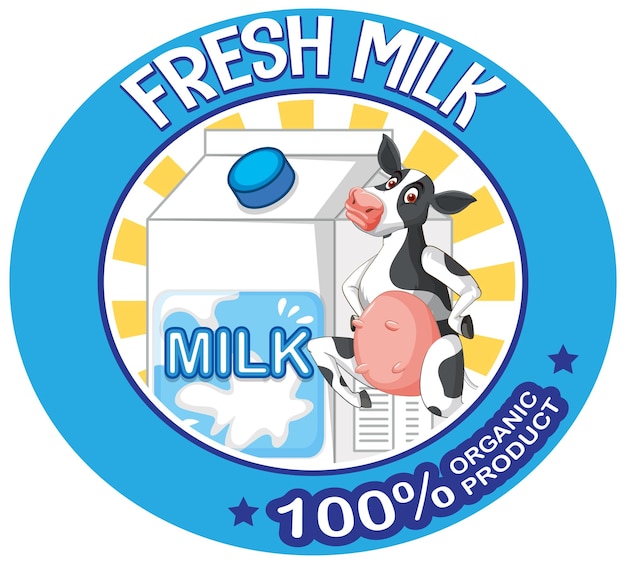 Cartoon cow with fresh milk label