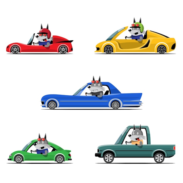 Cartoon cute animal drive car on the road