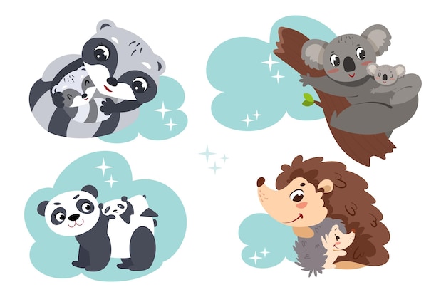 Free vector cartoon cute animals family with baby sleep on clouds