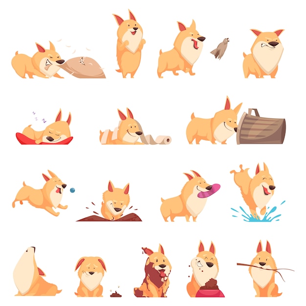 Cartoon cute puppy set of different situations