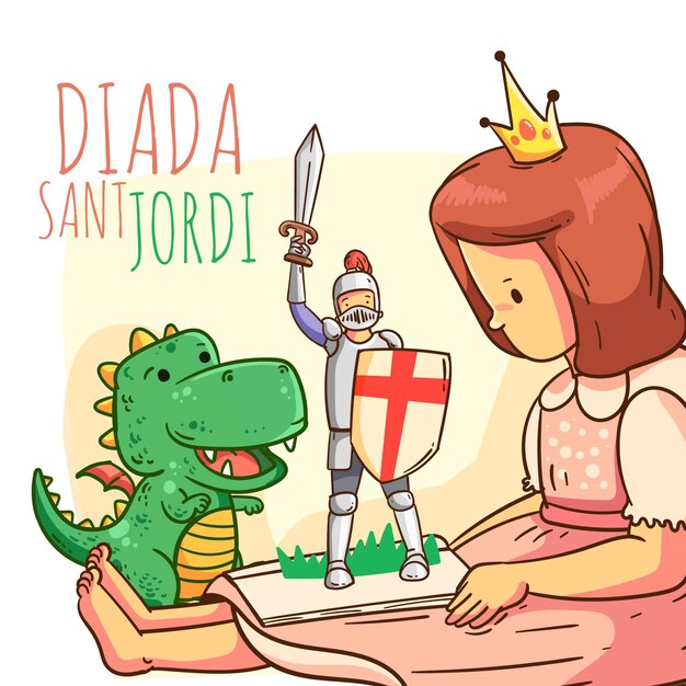 Cartoon diada de sant jordi illustration with knight, dragon and princess