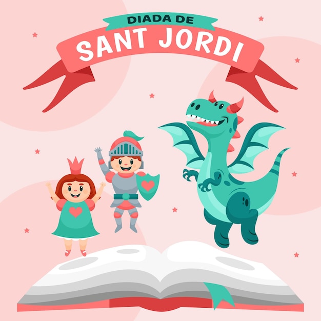 Free Vector cartoon diada de sant jordi illustration with knight and princess and dragon