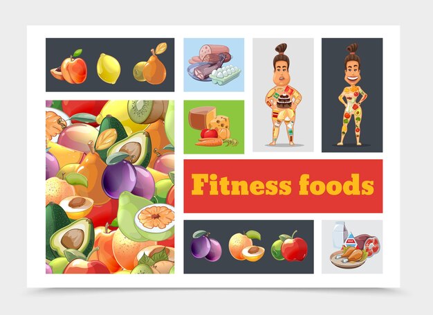 Cartoon diet colorful composition with fruit and fat and athletic women illustration