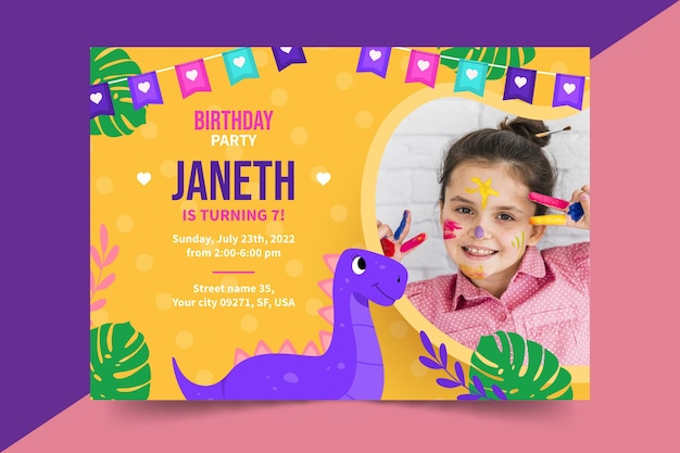 Cartoon dinosaur birthday invitation template