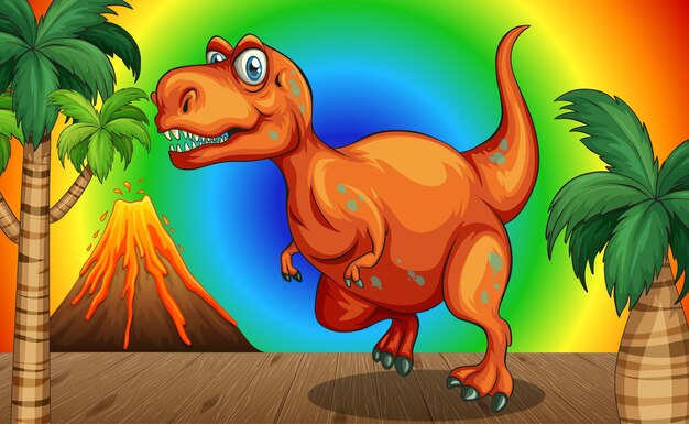 Cartoon dinosaur on rainbow gradient background