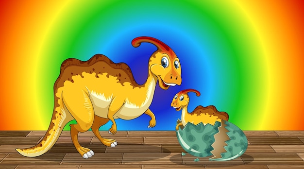 Cartoon dinosaur on rainbow gradient background