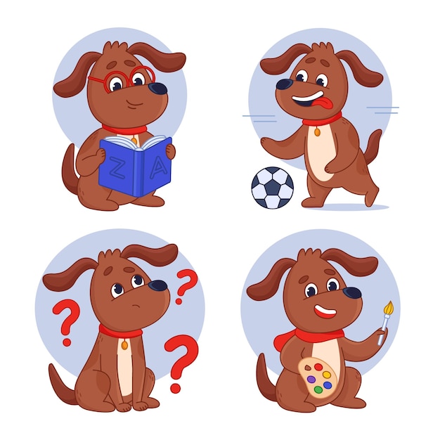 Free vector cartoon dog characters reading book drawing thinking playing football collection