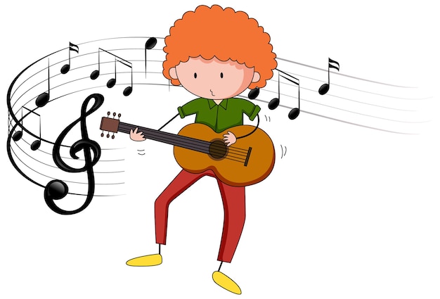 Free vector cartoon doodle a boy playing guitar or ukulele with melody symbols