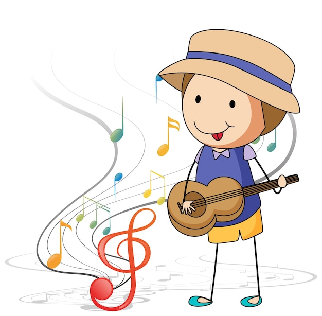 Cartoon doodle a boy playing guitar with melody symbols