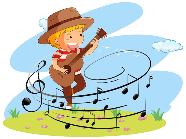 Cartoon doodle a boy playing guitar with melody symbols