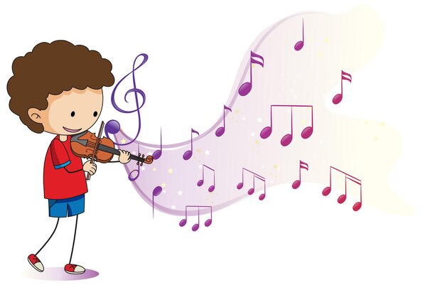 Cartoon doodle a boy playing violin with melody symbols on white background