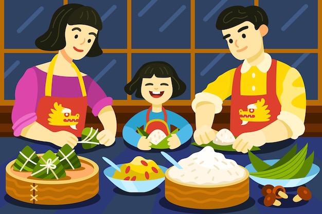 Free Vector cartoon dragon boat family preparing and eating zongzi illustration